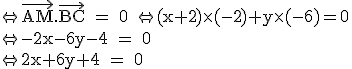 \rm \Leftrightarrow \vec{AM}.\vec{BC} = 0 \Leftrightarrow (x+2)\times (-2)+y\times (-6)=0\\\Leftrightarrow -2x-6y-4 = 0\\\Leftrightarrow 2x+6y+4 = 0